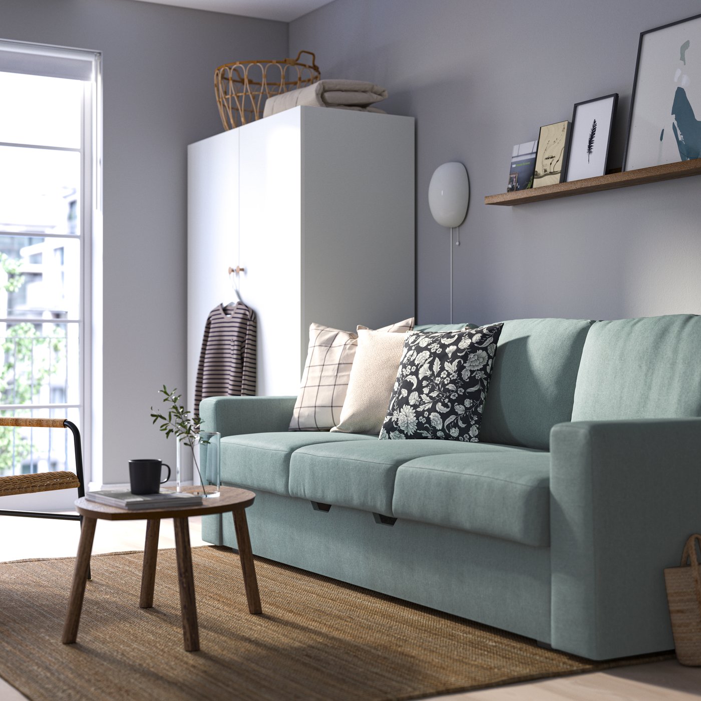 A Tibbleby light grey-turquoise BÅRSLÖV 3-seat sofa-bed