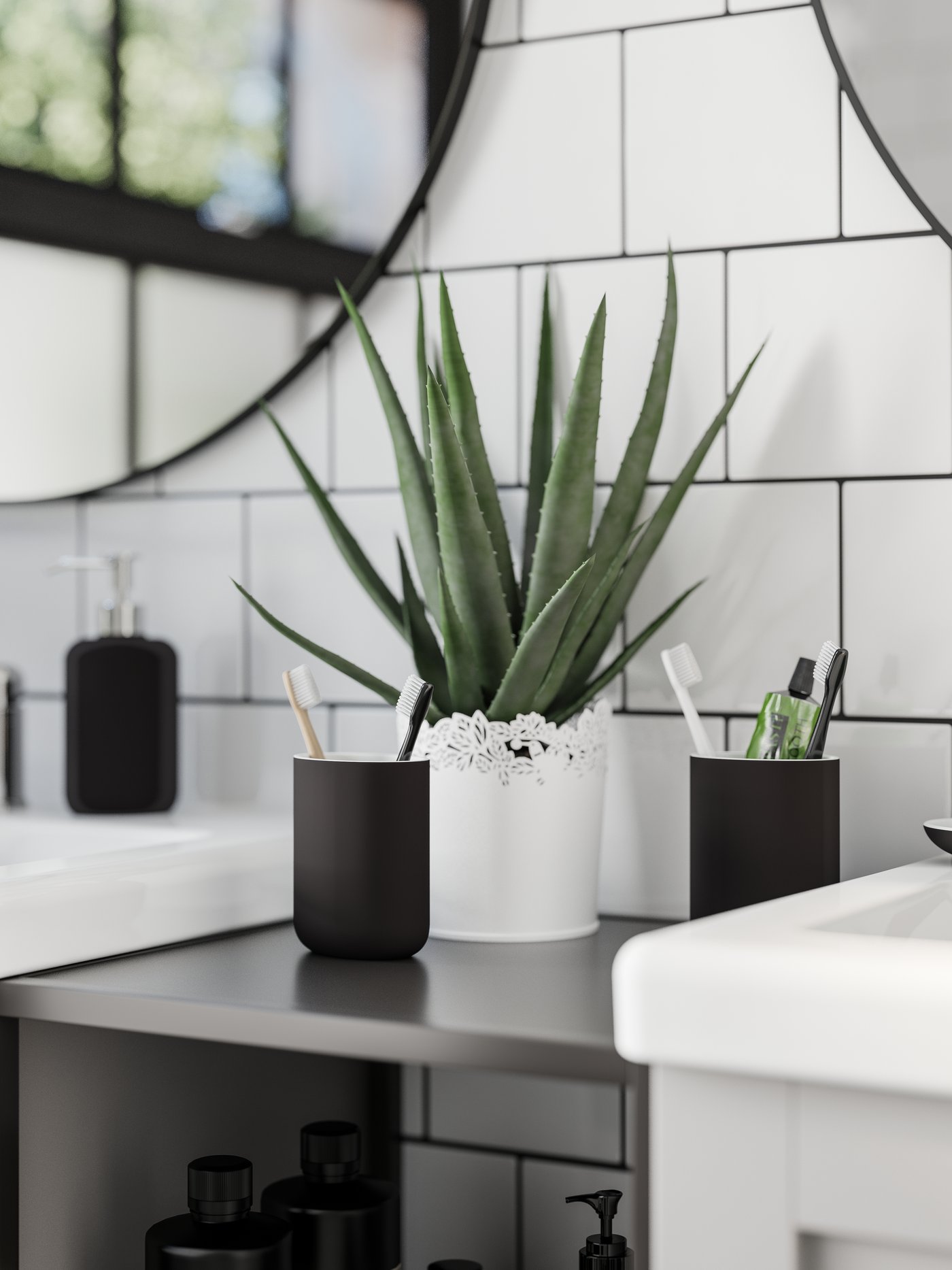 Two dark grey toothbrush holders and an aloe vera plant stand on a frame between two washbasins in grey and white.