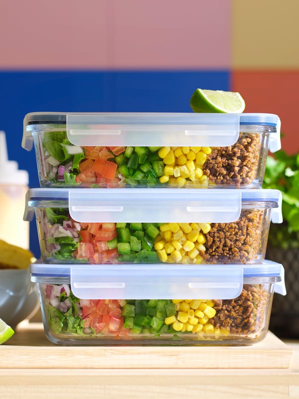 A rectangular/glass IKEA 365+ food container with lid