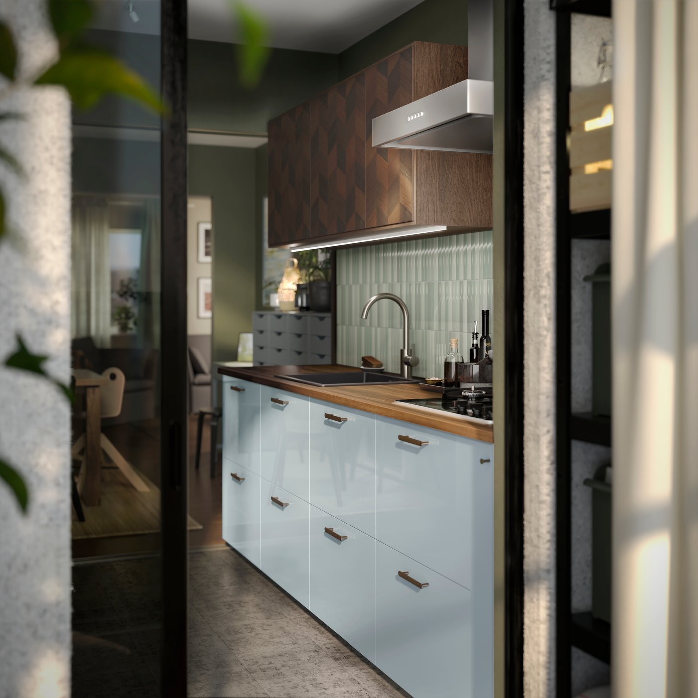 A high-gloss light grey-blue KALLARP drawer front