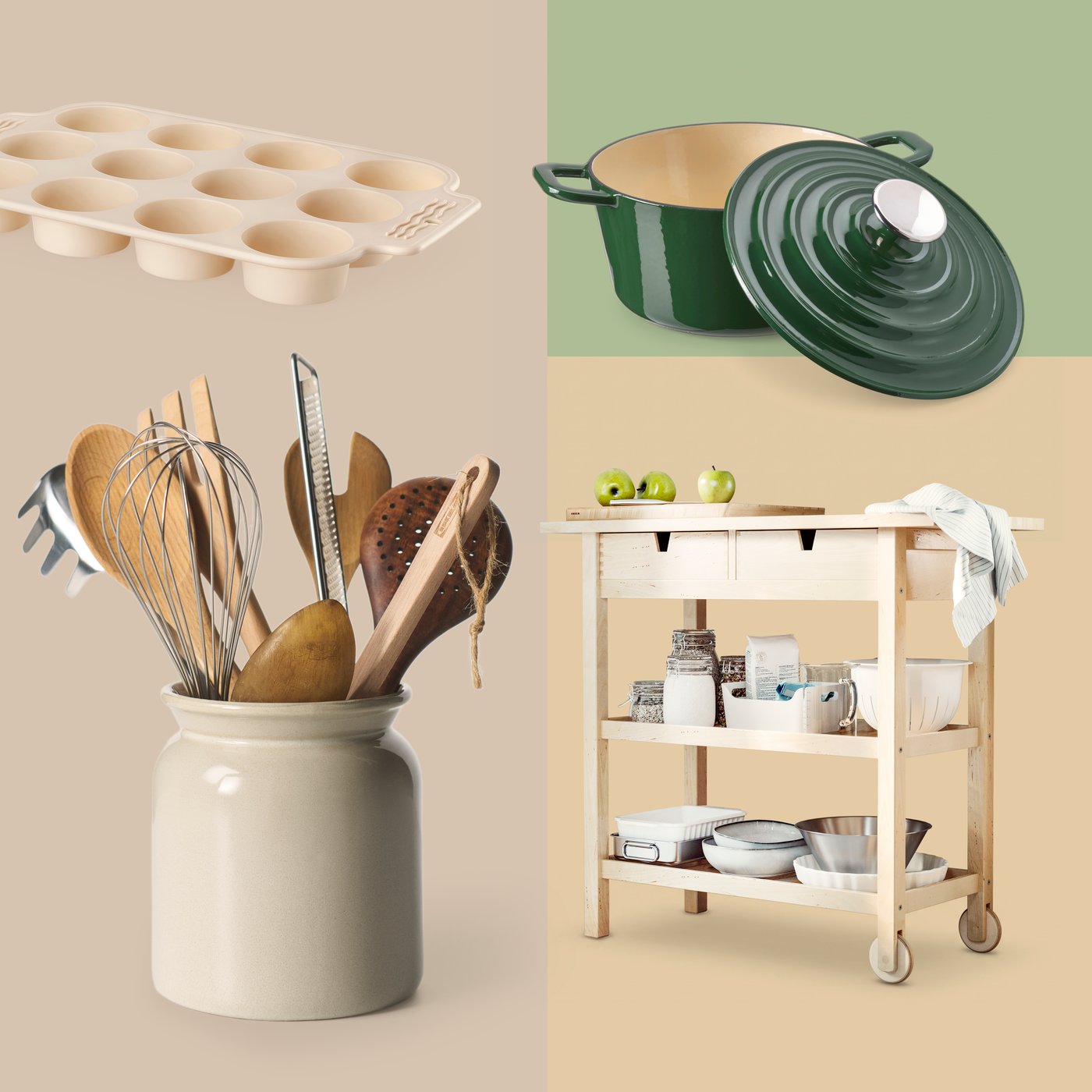 Des articles beiges et verts : casserole en fonte VARDAGEN, range-ustensiles BRUGDHAJ, desserte FÖRHÖJA et moule à muffins BAKTIDER.