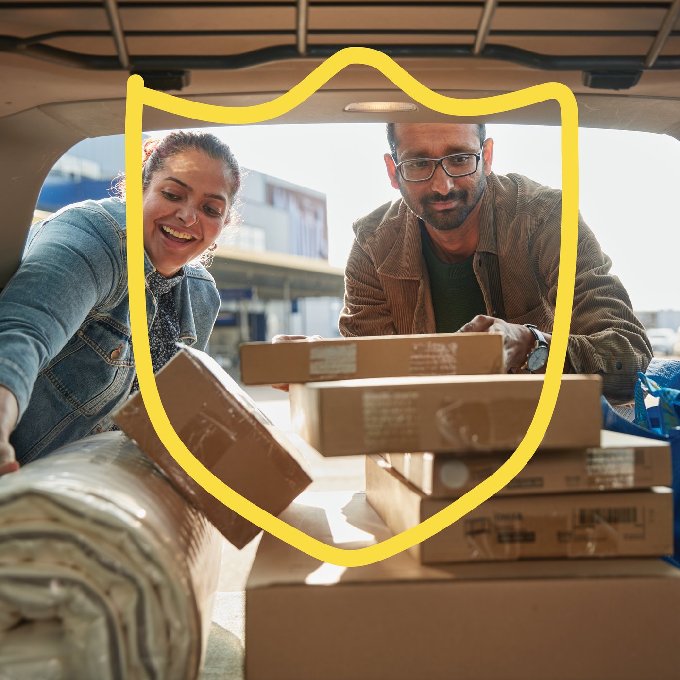 Two people putting IKEA flat-pack boxes in the boot of their car.