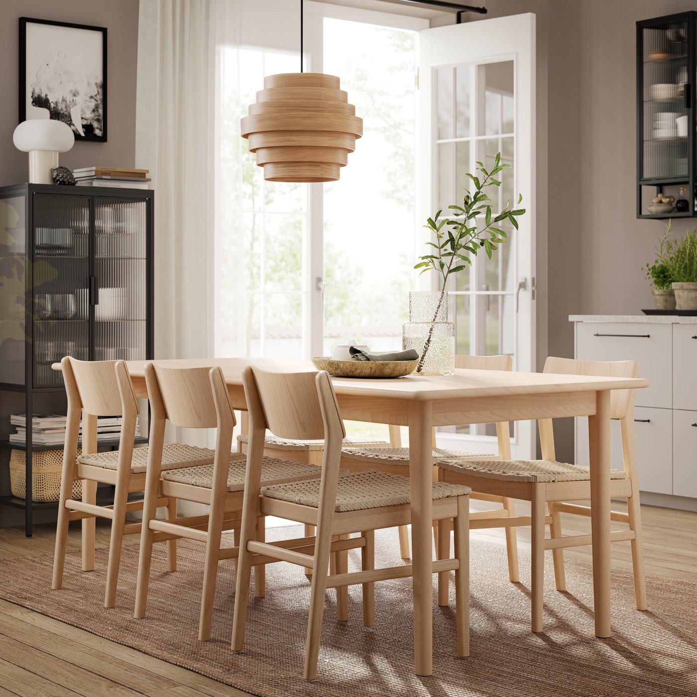 A light beech veneer/light beech SKANSNÄS table and 4 chairs