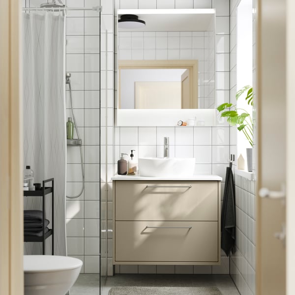 A beige/white marble effect HAVBÄCK wash-stnd w drawers/wash-basin/tap