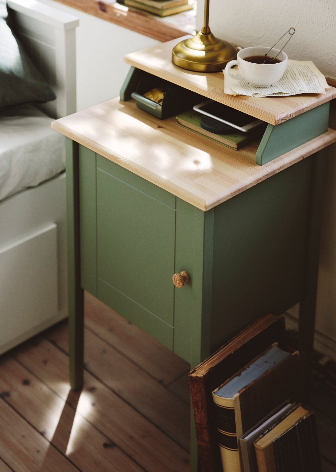 A grey-green/pine OLDERDALEN bedside table