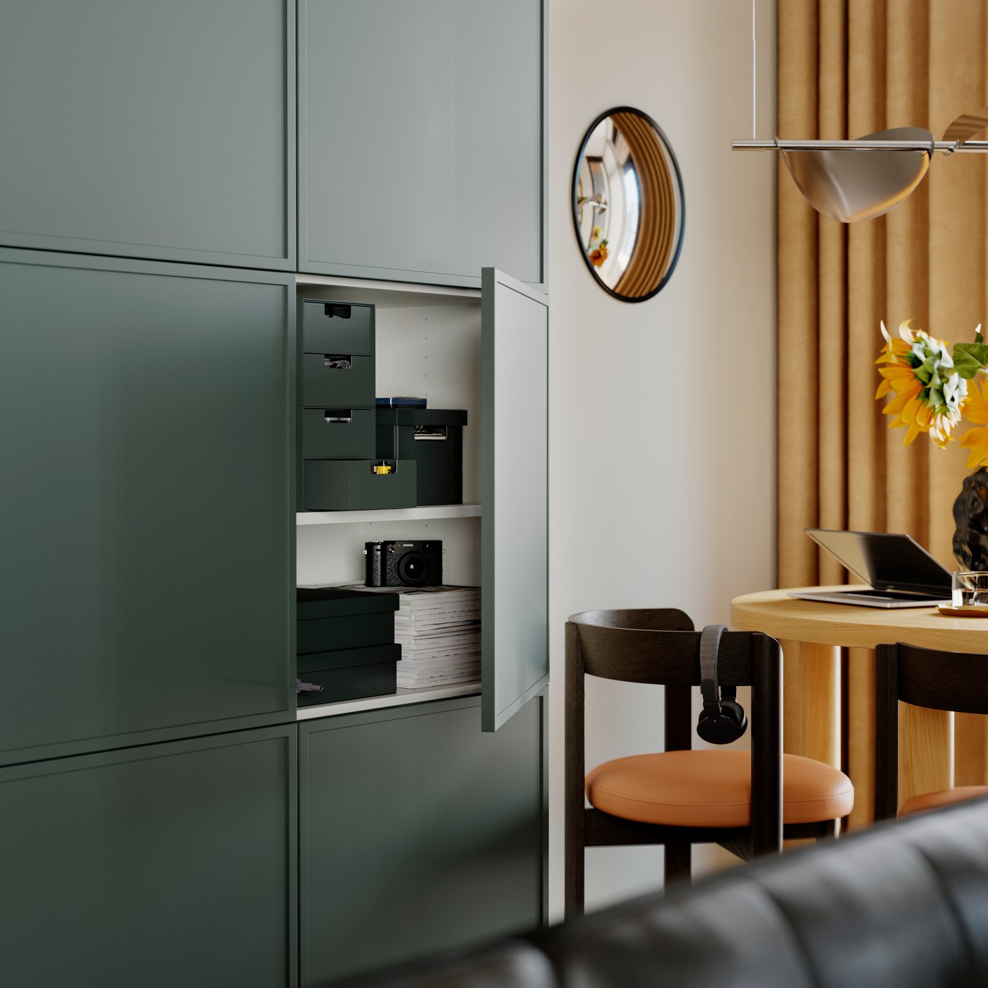 FJÄDERHARV mini chests with 2 drawers and other things stand inside a BESTÅ storage combination with doors with a door open.