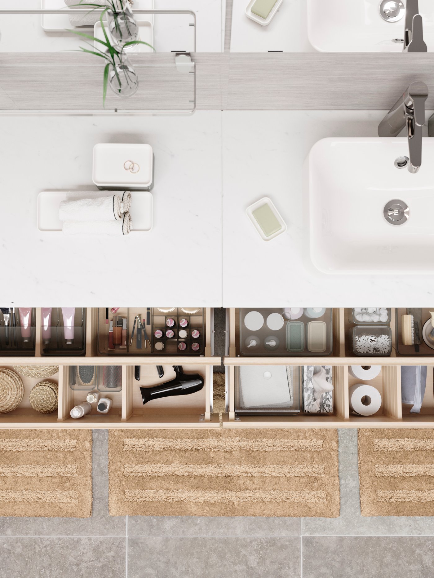 Baño luminoso y optimizado con almacenaje oculto IKEA