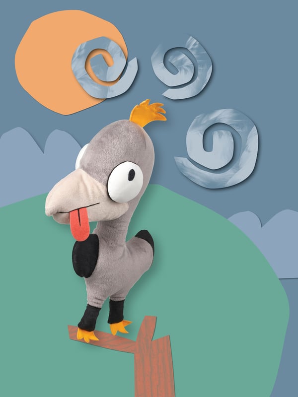 The SAGOSKATT 2021 dodo bird soft toy is sitting in an illustrated tree.
