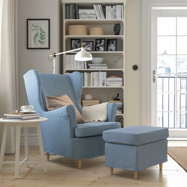 A Sjölyckan dark blue/beige stripe pattern STRANDMON slipcover for wing chair