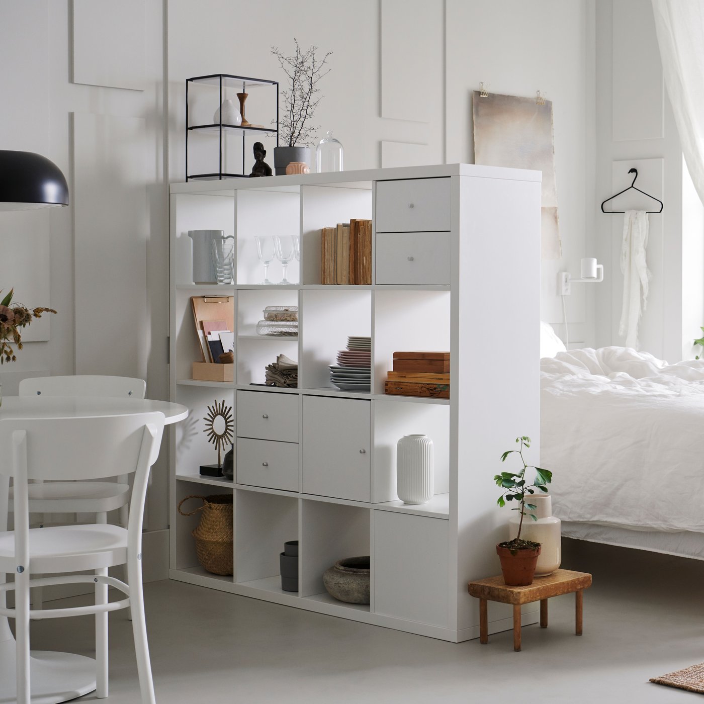 A white KALLAX shelving unit