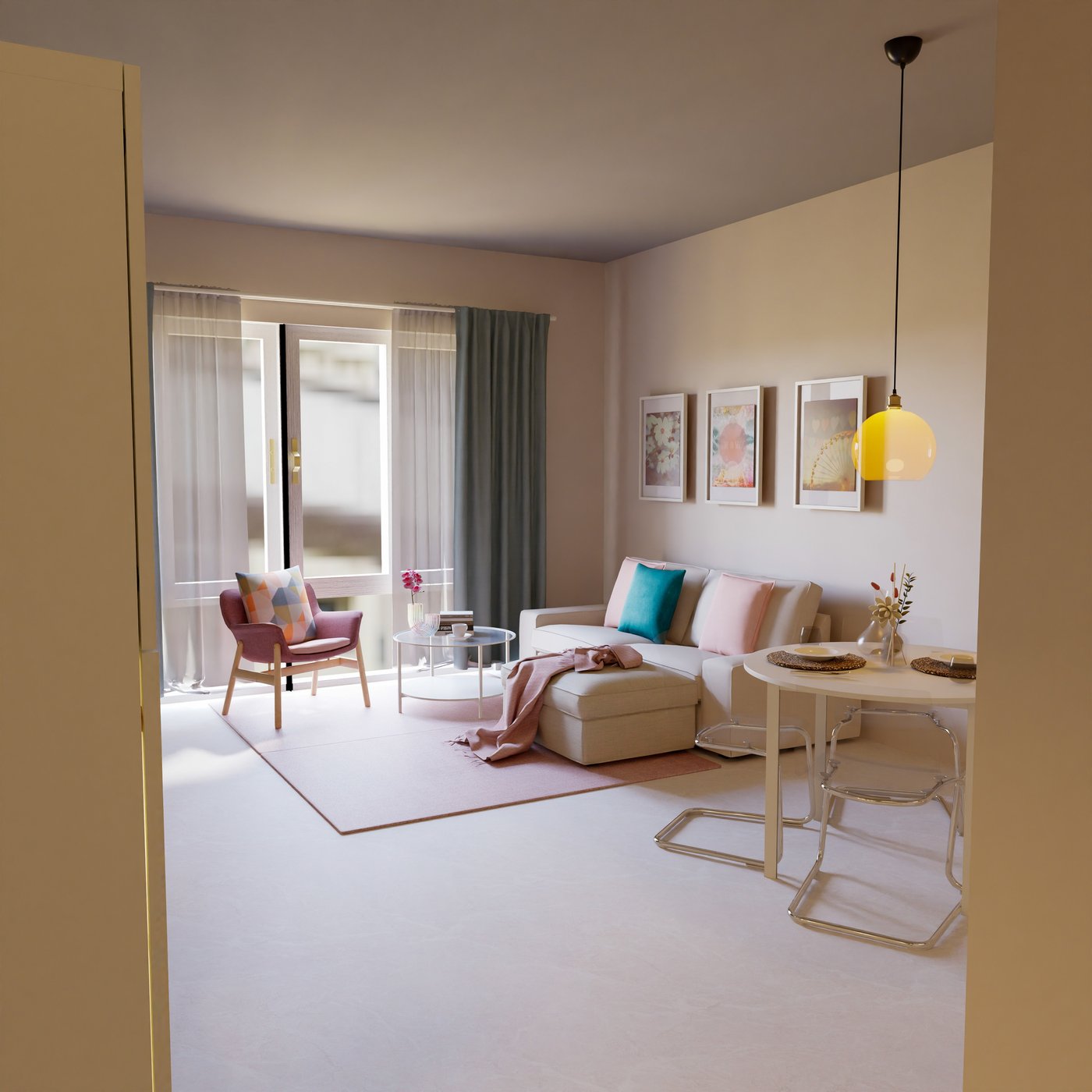 helles Sofa mit Hocher und rosa Sessel mit weiteren pastellfarbenen Akzenten, davor ist ein runder Esstisch mit Stühlen zu sehen.