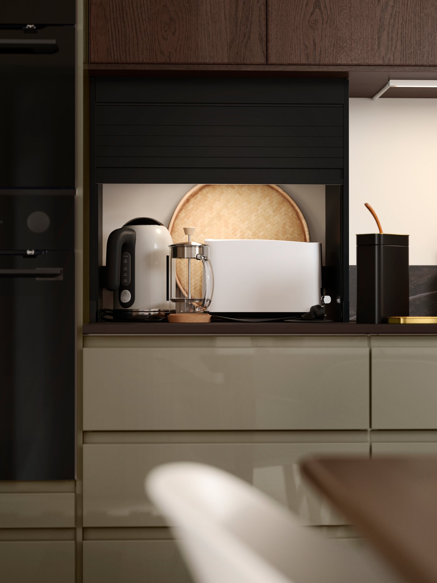 A straight kitchen has a black TITTEBO tambour storage for smaller appliances on the countertop and a SPELNÄS wine cooler.