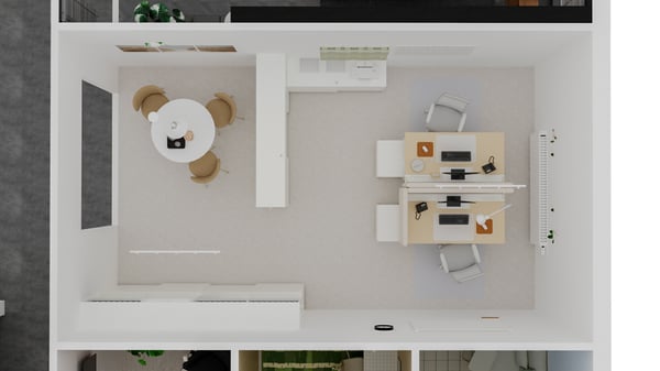 Grundriss eines Büros aus der Vogelperspektive. Links ein abgetrennter Bereich mit einem Tisch und drei Stühlen, sowie Aktenschränken. Rechts zwei sich gegenüberstehende Schreibtische mit Bürostühlen und Aufbewahrung.
