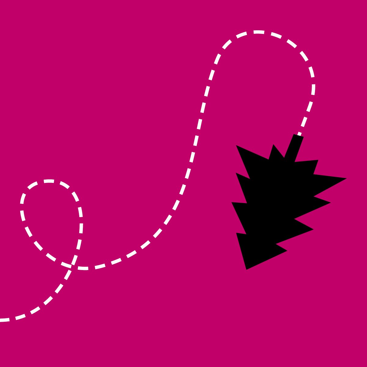 Eine schwarze graphische Tanne hängt kopfüber an einer weißen Schnur in kreisförmiger Form auf einem pinken Hintergrund.