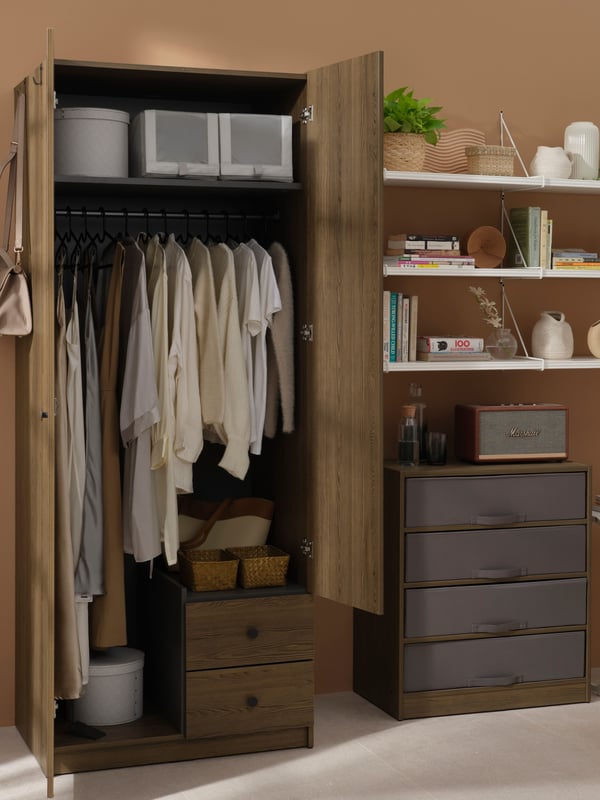 A brown/dark grey BRUKSVARA bedroom furniture