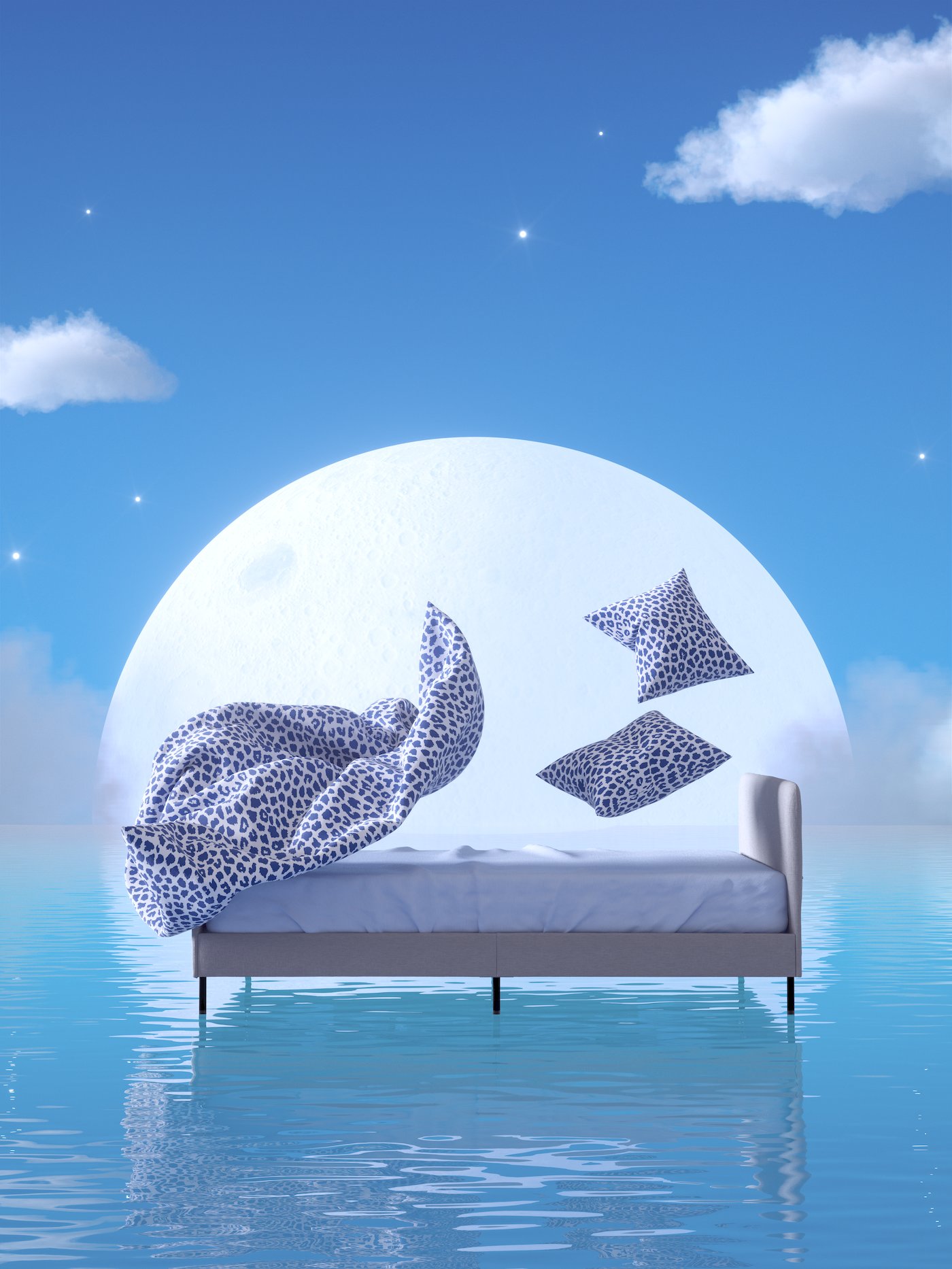 White/dark blue, leopard print KVASTFIBBLA bedding rises above a SLATTUM bed that floats on blue water against a rising moon.