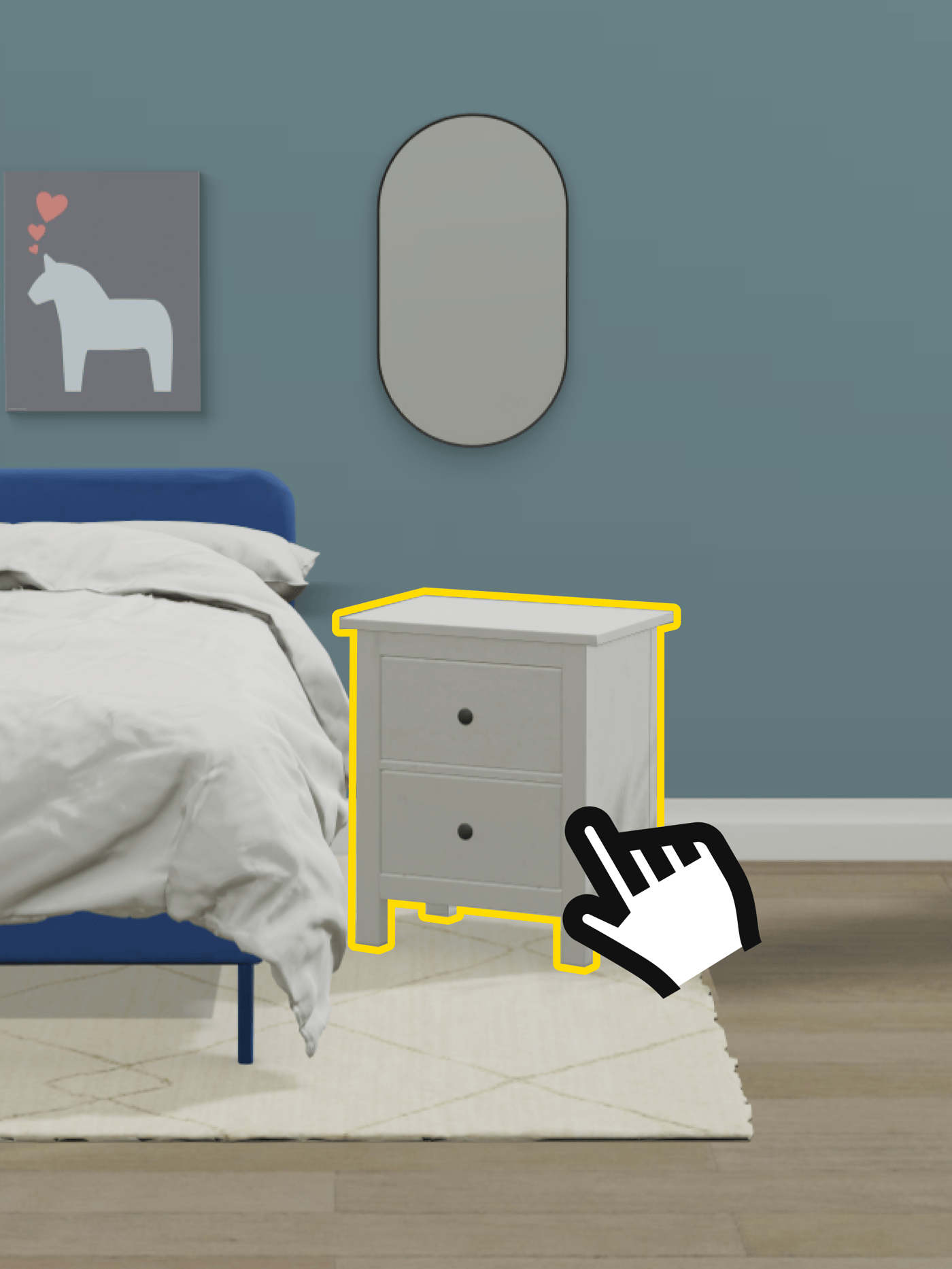 A screenshot from IKEA Kreativ app showing that you can click and drag a piece of furniture.