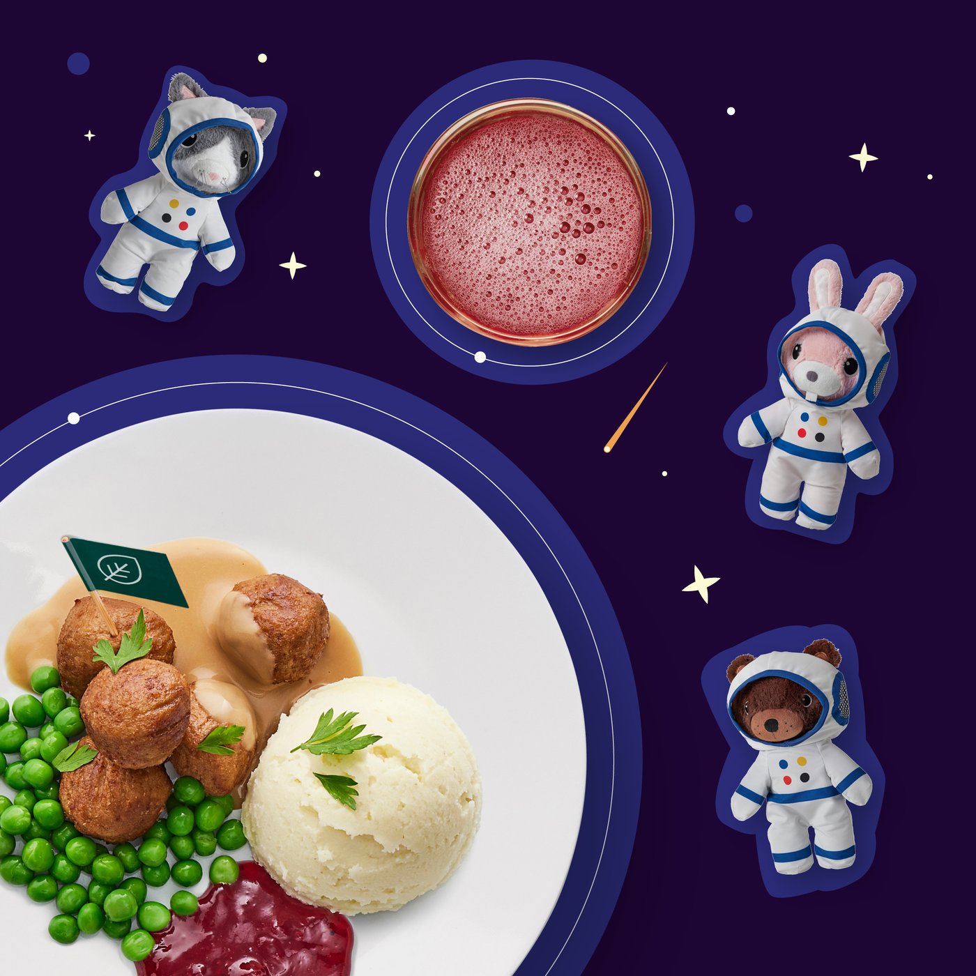 Grafika z białem talerzem z zestaerem klospików z puree ziemniaczonym na tle kosmosu wraz z pluszowymi zabwakami astronautami.