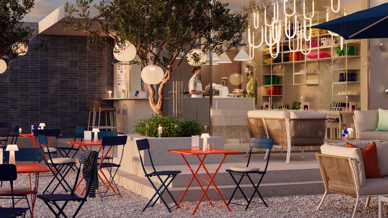 A café with an indoor and an outdoor space with trees, different lamps and SUNDSÖ bistro sets in a warm sunset light.