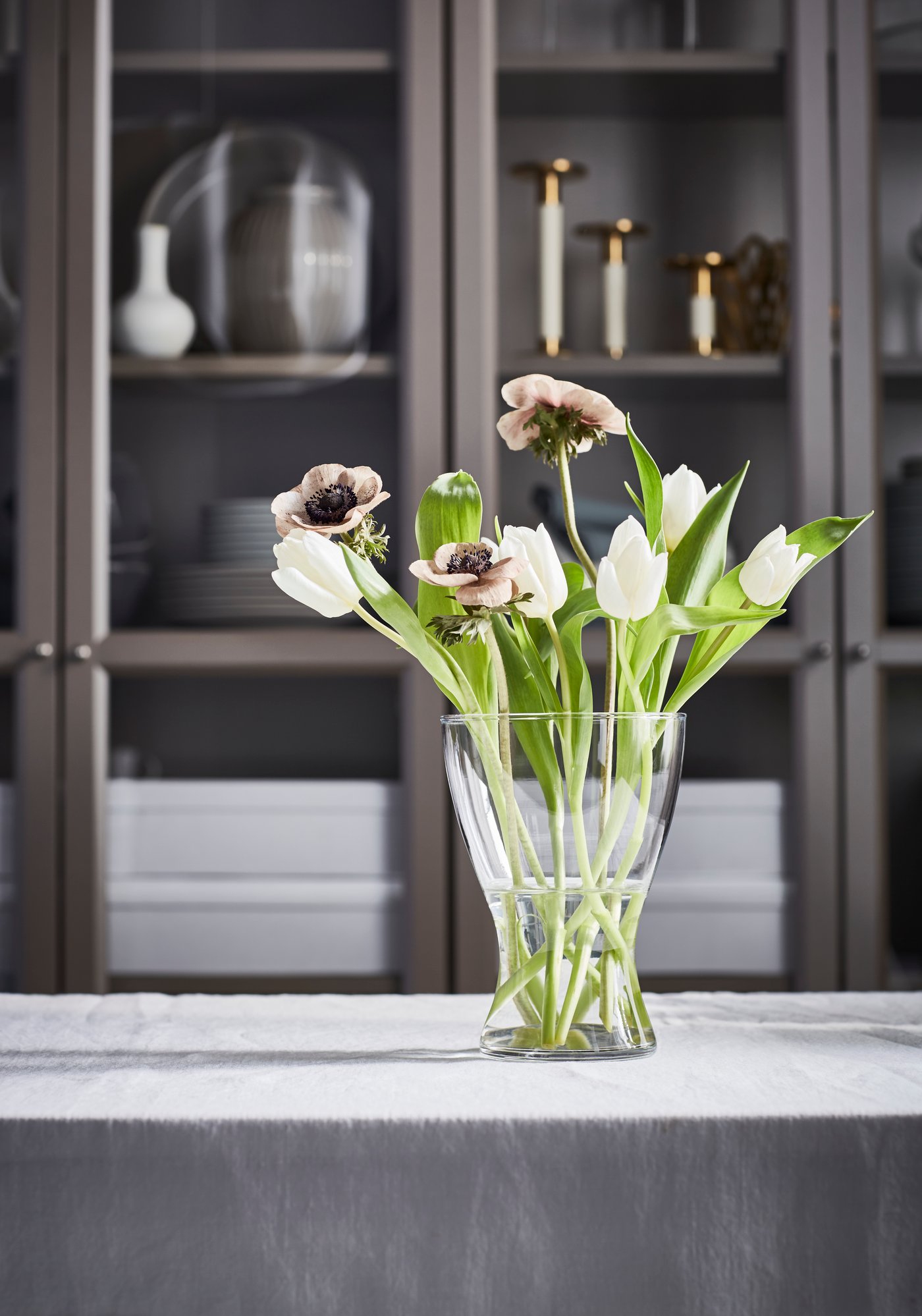 Eine durchsichtige VASEN Vase mit weissen Tulpen steht vor einer dunklen Vitrine mit Glasfronten.