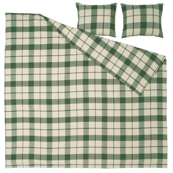 A green/check BESKSÖTEMAL duvet cover and 2 pillowcases