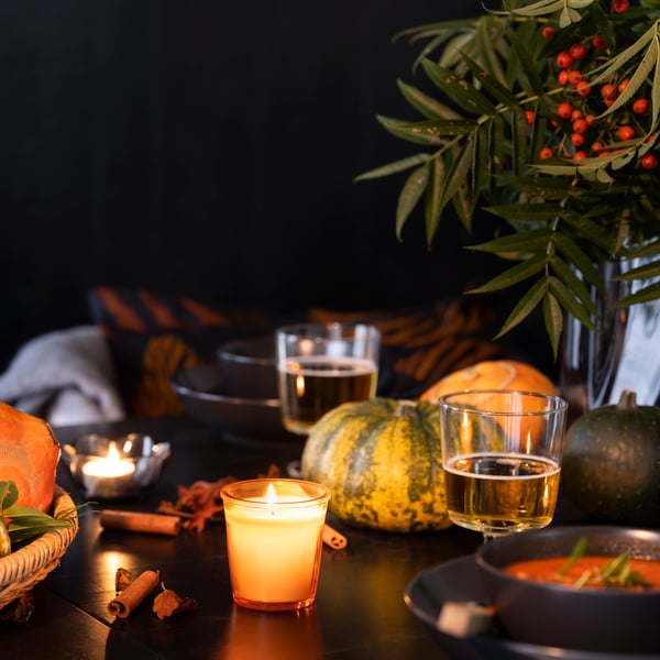 A Spiced pumpkin/orange ASPSKOG scented candle in glass
