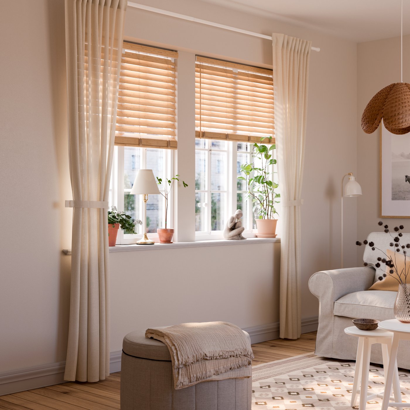 A handmade/rattan SANDKORN pendant lampshade in the living room
