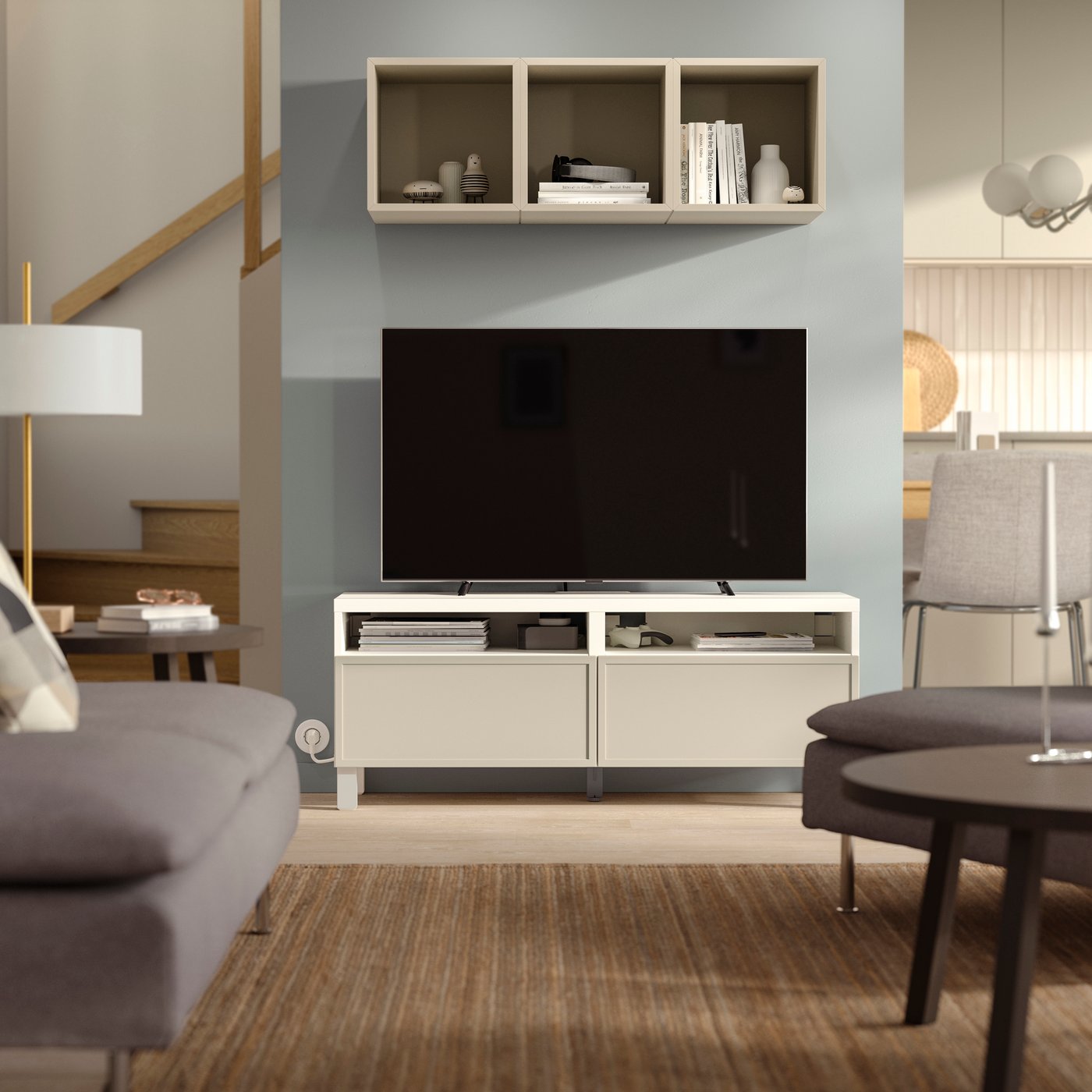 IKEA BESTÅ tv-bänk med lådor, vit/krukmakare beige, 120x42x48 cm