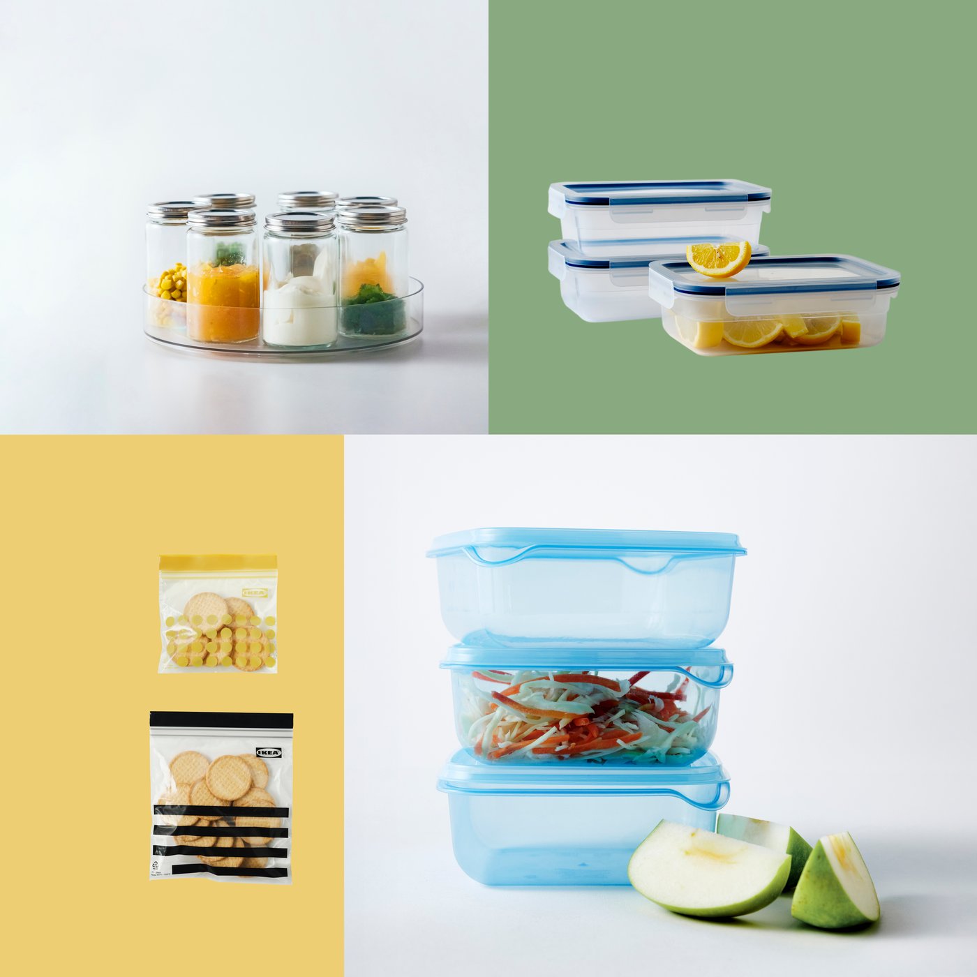 A graphic shopping spread showing IKEA 365+ and PRUTA food containers, ISTAD resealable bags, and KLIPPKAKTUS turntable.