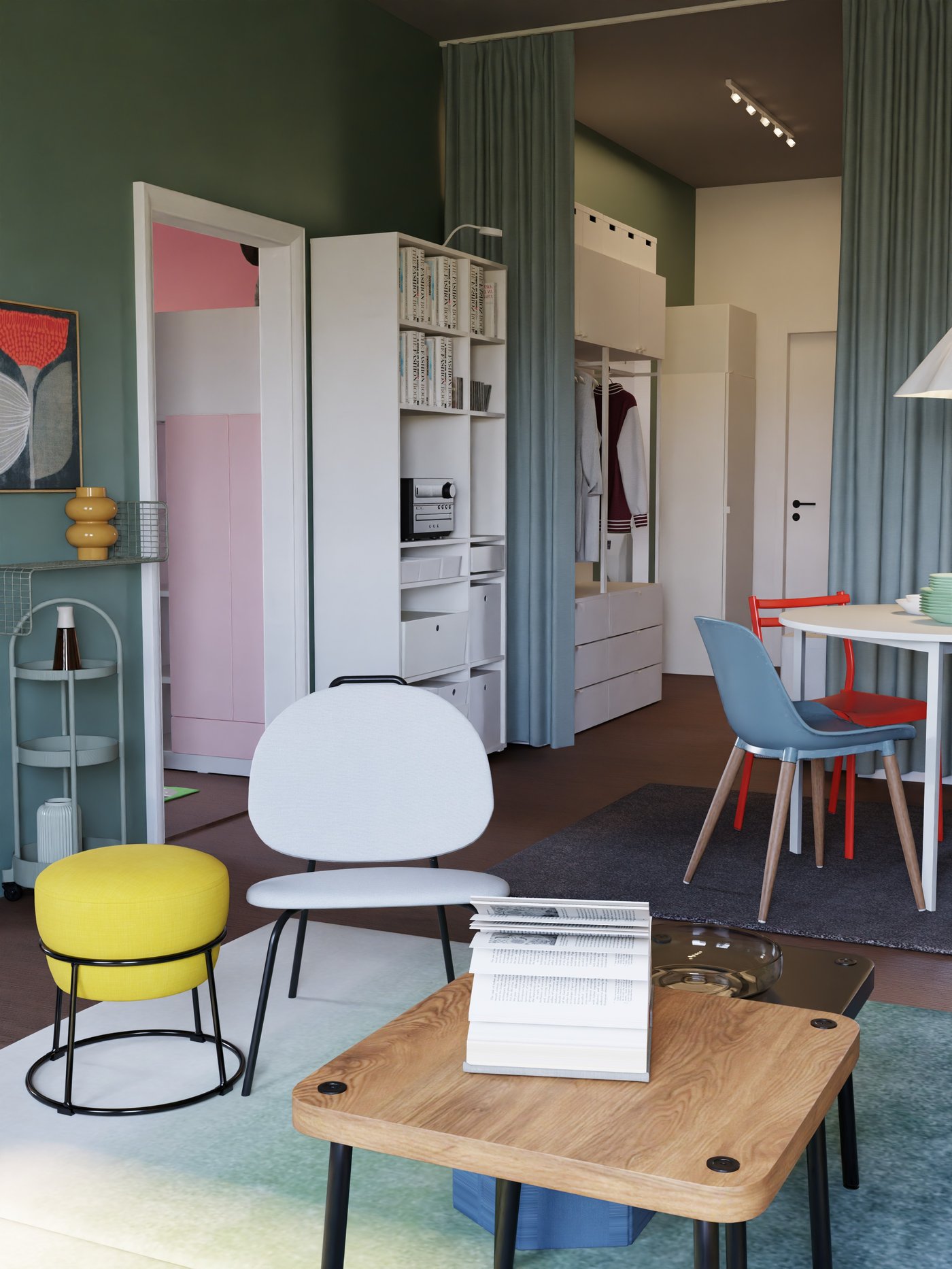 Schlafzimmer mit offener Kleideraufbwahrung welche durch Vorhönge getrennt ist