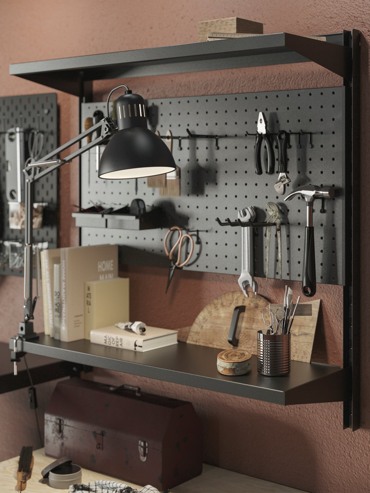 Part of a garage care-and-repair corner with tools neatly arranged on a BROR wall-shelf combination and a SKÅDIS pegboard.
