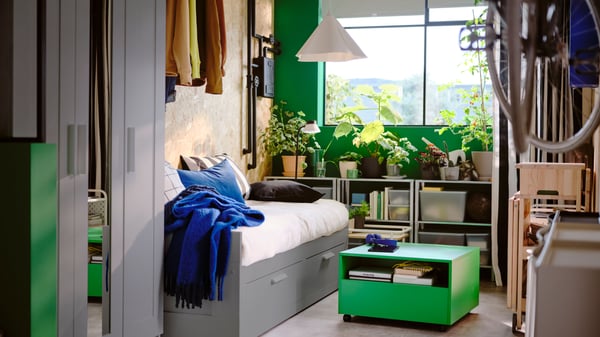 A grey BRIMNES day-bed with 2 drawers in a vibrant green bedroom with a green GARNANÄS coffee table on the floor in front.