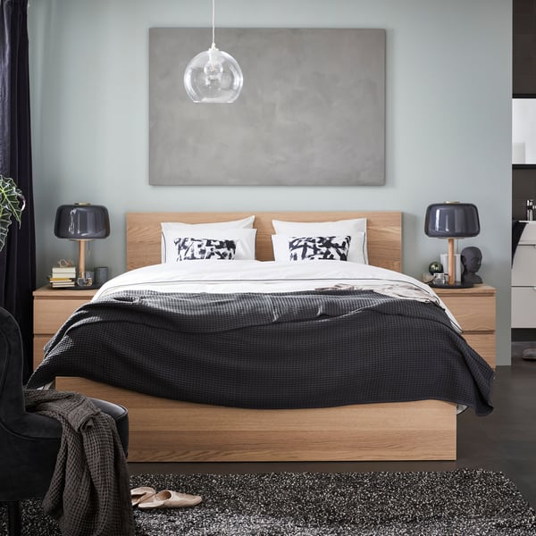 A white stained oak veneer/Luröy MALM bed frame, high