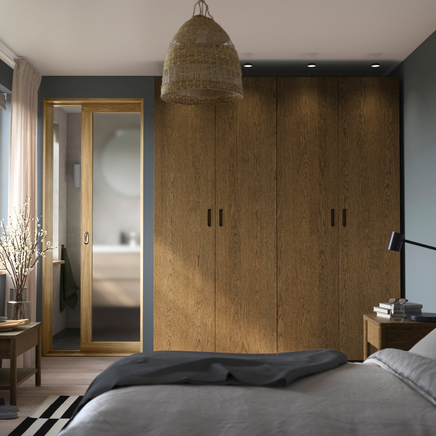 IKEA PAX / TONSTAD garderobskombination, mörkgrå/brun betsad ekfaner, 200x60x236 cm