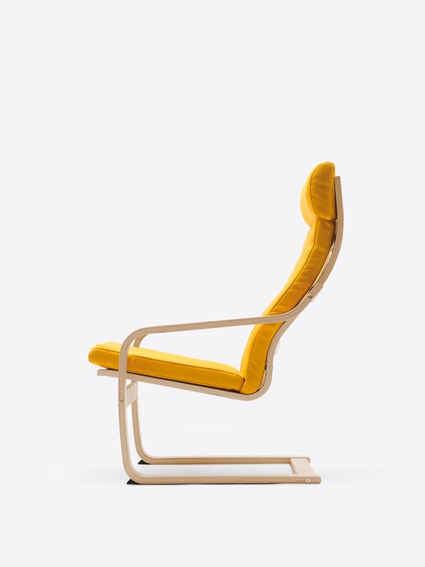 A birch veneer/yellow POÄNG armchair from the side. 