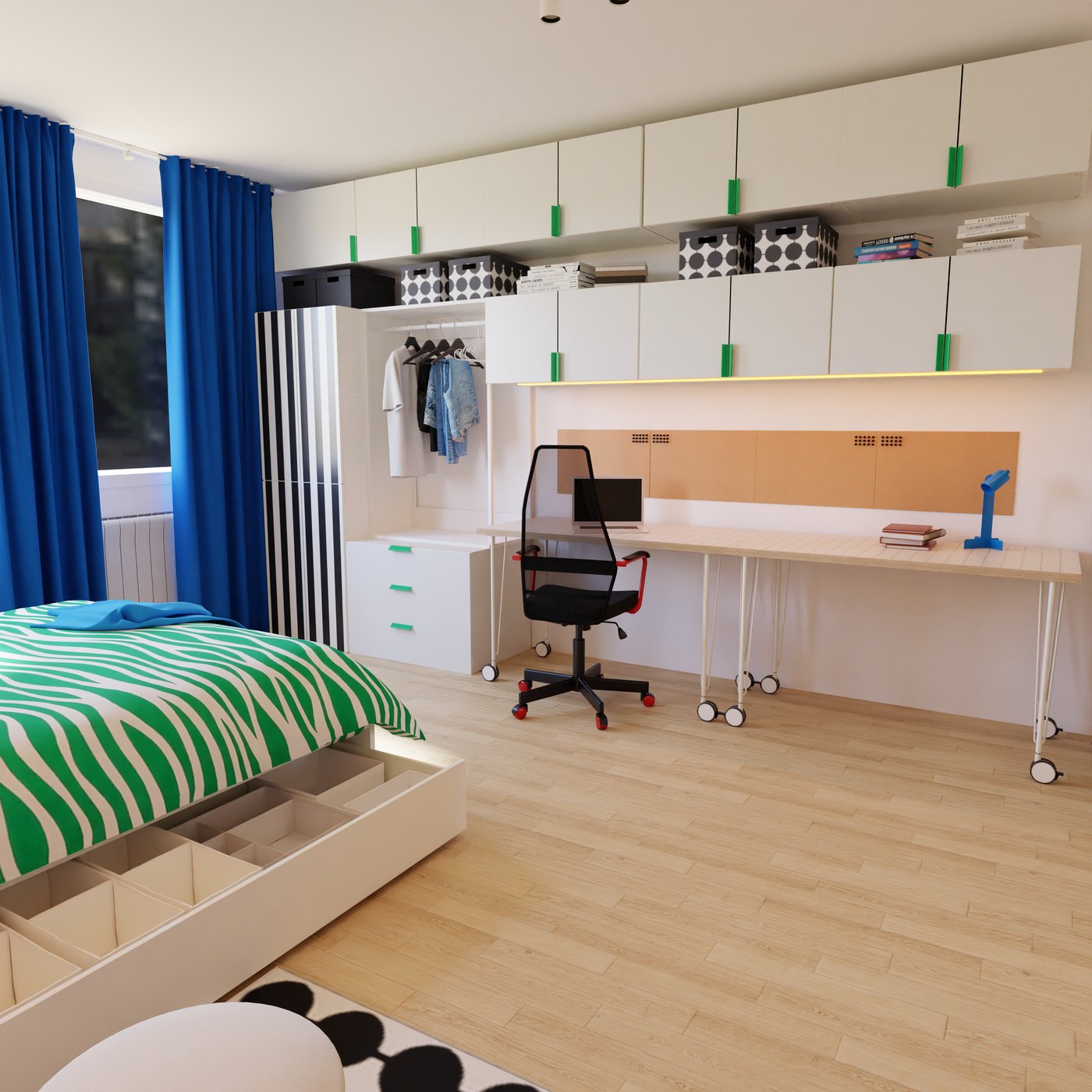 Blick Richtung Fenster mit Kleiderschrank und Bett mit Schubladen darunter.