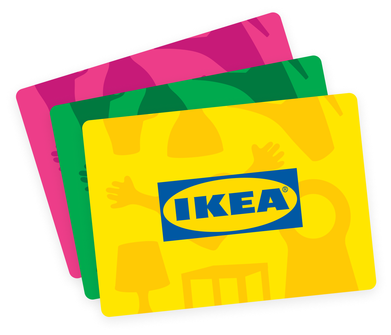 En bild av tre löst staplade IKEA presentkort i färgerna gult, grönt och rosa.