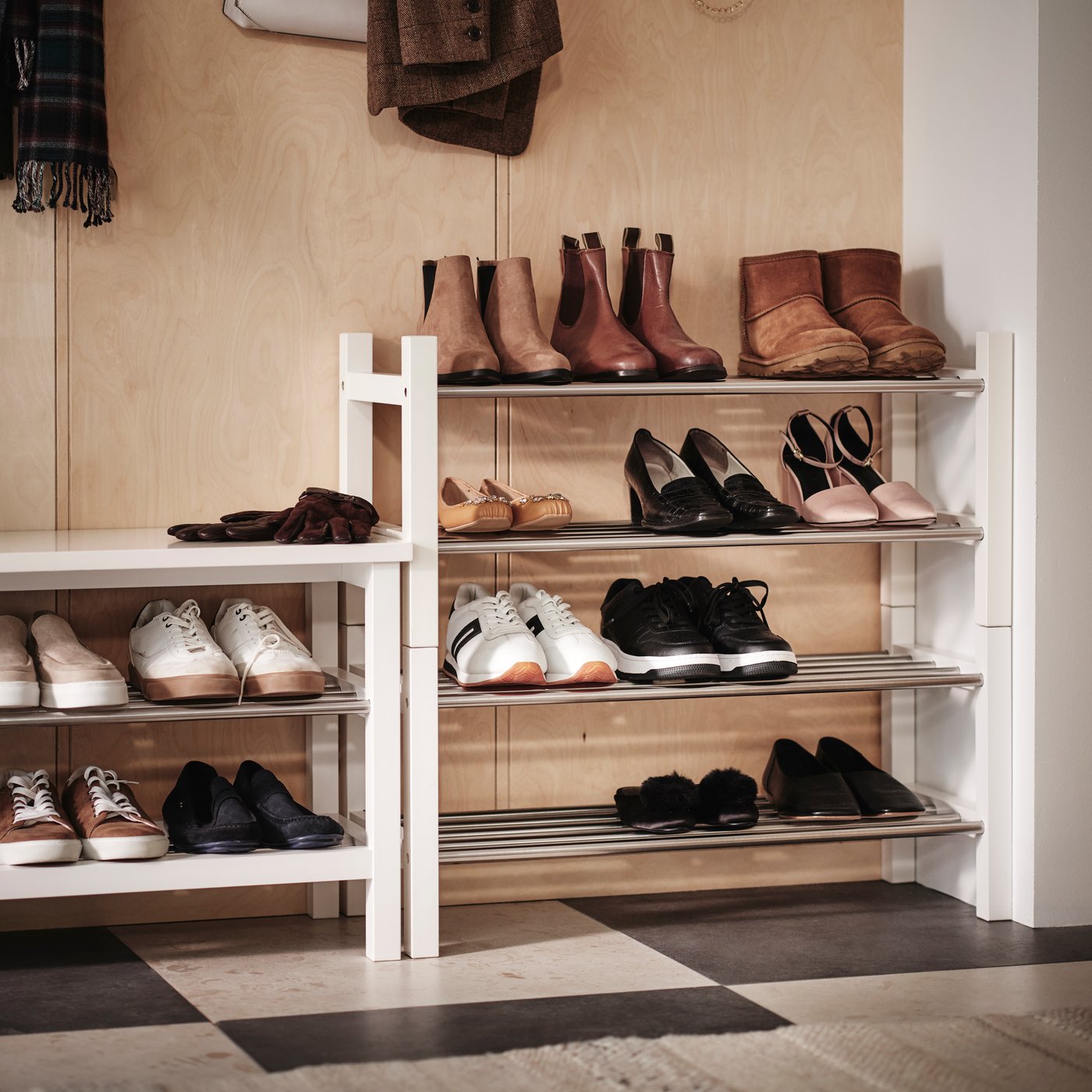 A white TJUSIG shoe rack in the hallway