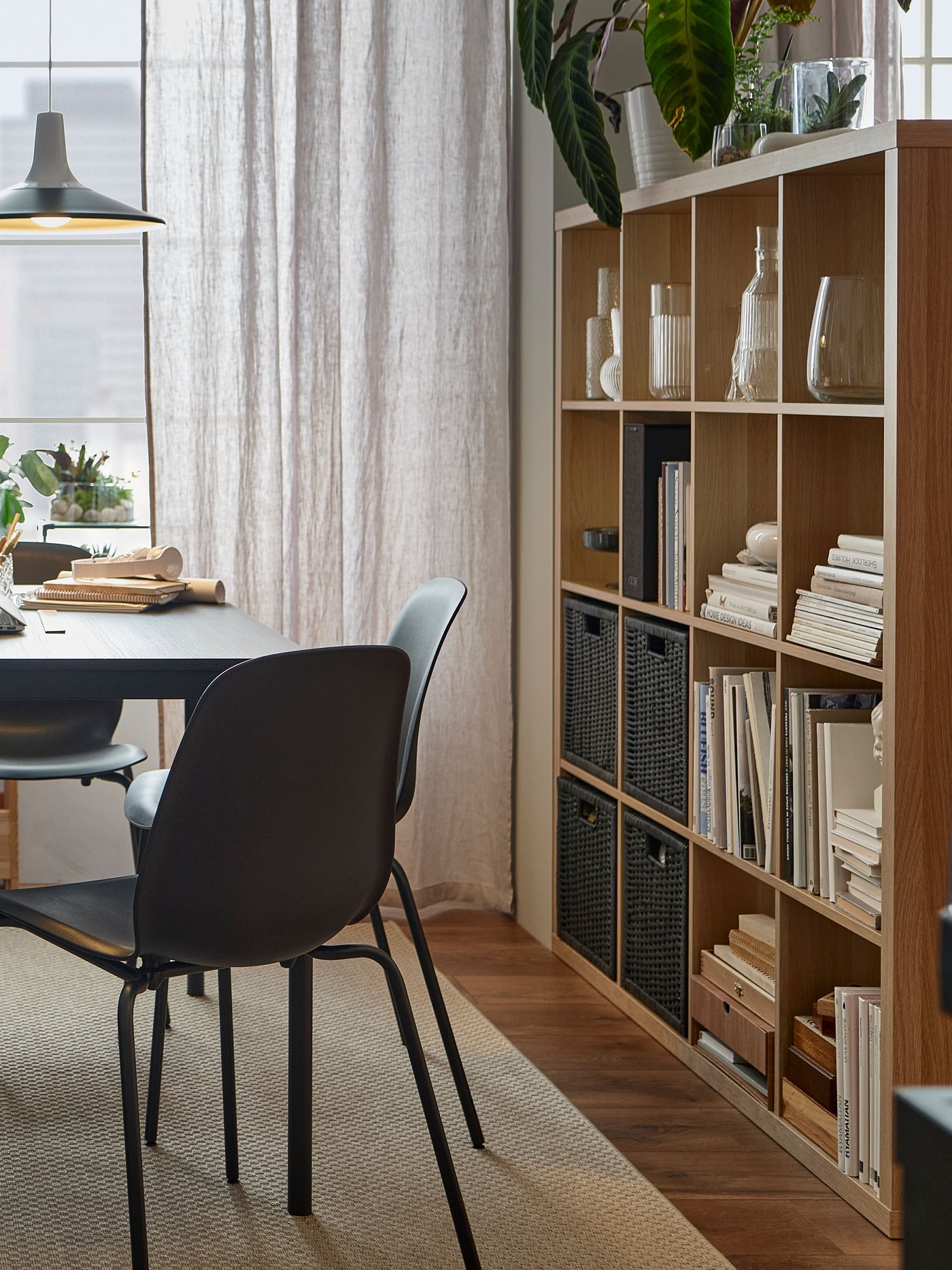 A white stained oak effect KALLAX shelving unit