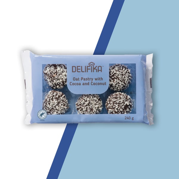 Una confezione di una confezione di dolce all'avena con cacao e cocco DELFIKA.