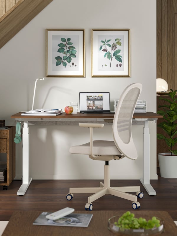 An electric MITTZON sit/stand desk with a walnut veneer table top and white frame has a laptop on it by a beige office chair.