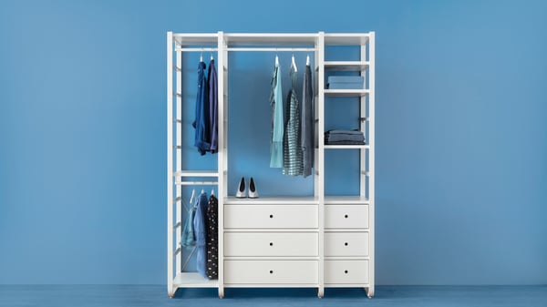 ELVARLI open-storage solution with clothes rails, shelves and drawers.