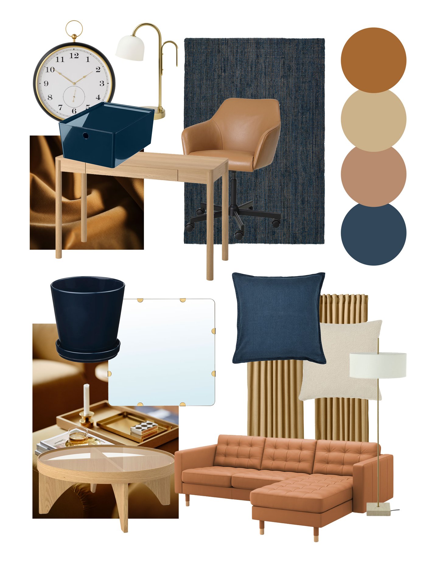 Moodboard i blå, beige och bruna toner med skrivbord, stol, soffa, mattor, kuddar, belysning, klocka och dekorativa detaljer i harmoniserande färger.