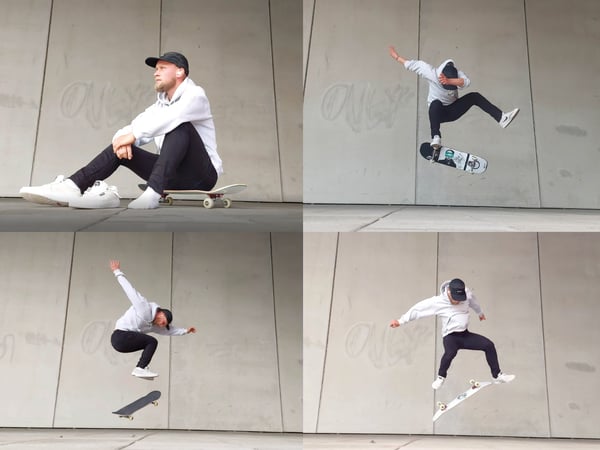 Multiple Shots of a skateboarder performing tricks and posing.