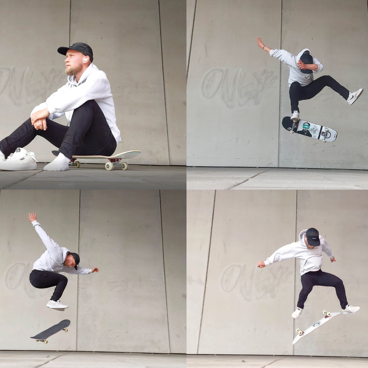 Multiple Shots of a skateboarder performing tricks and posing.