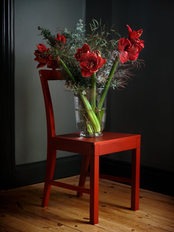 A red stained PINNTORP chair in the dining room