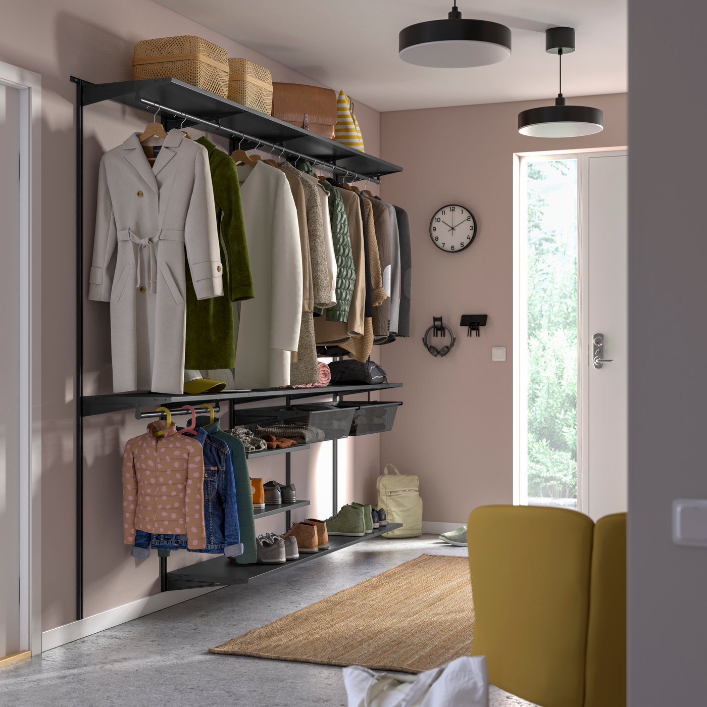 An anthracite BOAXEL wardrobe combination in the hallway