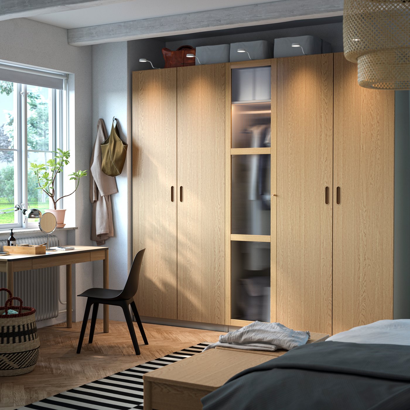 IKEA PAX / TONSTAD garderobskombination, gråbeige/ekfaner glas, 250x60x236 cm