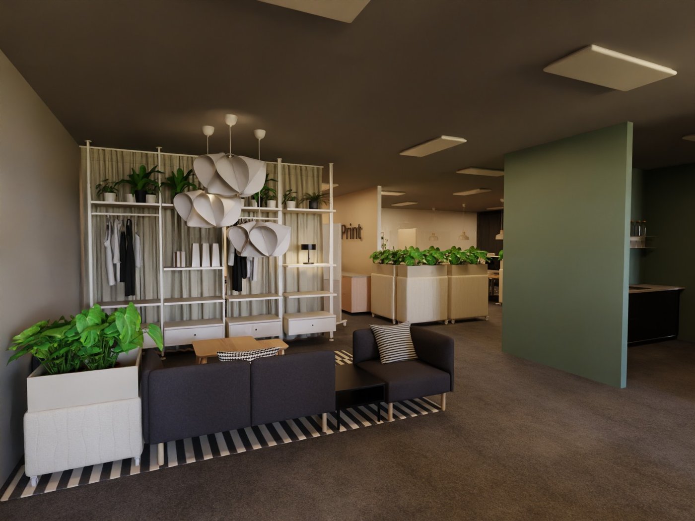 Teil eines Großraumbüros. Blick auf einen Wartebereich mit Sofas, Beistelltischen und Garderobenmöbeln. Neben der Sitzgruppe ein begrüntes Element. Im Hintergrund weitere Raumabschnitte und Grünpflanzen.