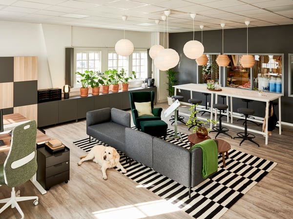 En efter-bild som visar ett inrett kontor efter ett inredningsuppdrag. Kontoret är tydligt indelat i tre zoner, en kontorsdel med skrivbord och stolar, en loungedel med soffa och fåtölj och en konferrensdel med ett högt bord.